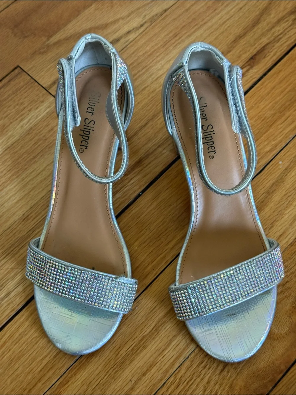 Silver Rhinestone Block Heel Shoes